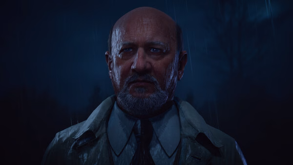 Screenshot from "Halloween: The Game" showing a close-up of a serious man in a raincoat, standing under a dark, rainy night sky.