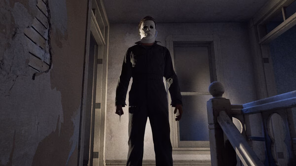 Screenshot from "Halloween: The Game" showing a masked character holding a knife, standing ominously at the top of a staircase.