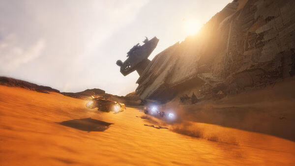 Screenshot from STAR WARS: Galactic Racer™ showing high-speed racers zooming past a crashed starship on a desert planet.