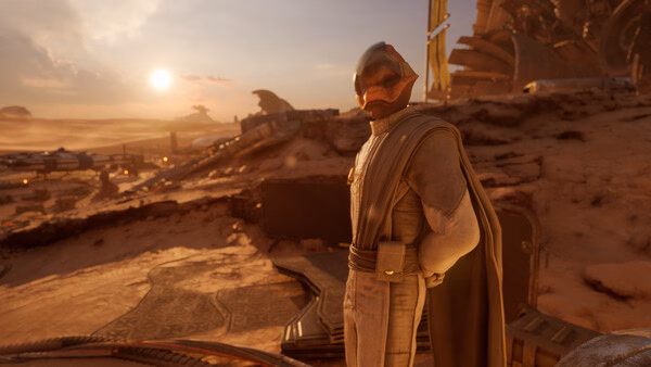 Screenshot from STAR WARS: Galactic Racer™ showing a character in a desert landscape with structures and a sunset in the background.
