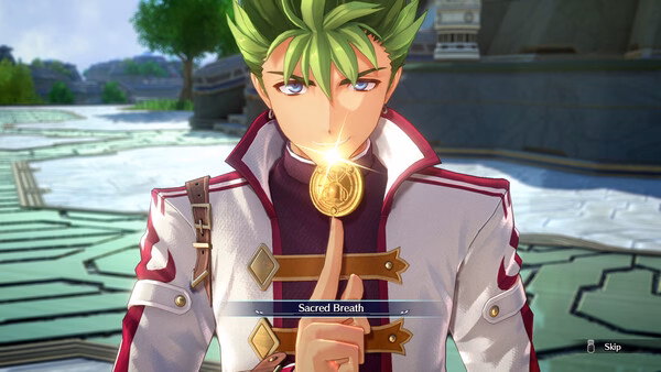 Screenshot from Trails in the Sky 2nd Chapter showing a character casting Sacred Breath, holding a glowing coin near their lips.