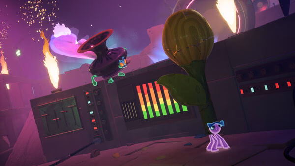 A screenshot from Kiln showing a colorful alien-like figure near a glowing plant and control panels in a sci-fi setting.