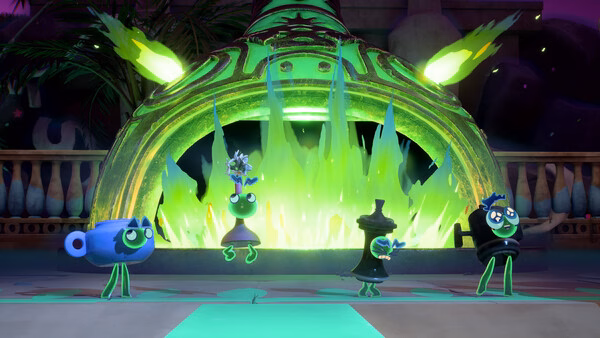 Screenshot from Kiln showing four animated pottery characters with glowing weapons in front of a fiery green kiln.
