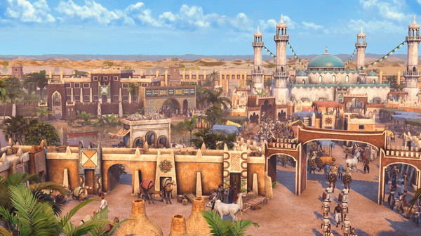 Screenshot from Age of Empires III: Definitive Edition - The African Royals showing a bustling desert town with markets and mosques.