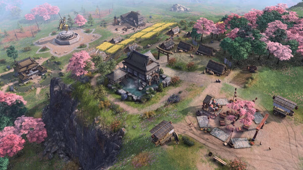Screenshot of Age of Empires IV: Dynasties of the East showing a detailed village with cherry blossoms and farmland.