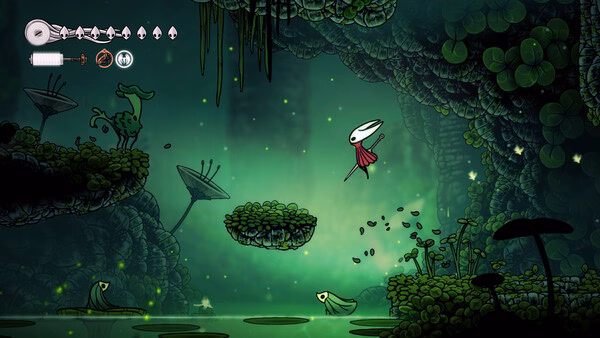Screenshot from Hollow Knight: Silksong showing the protagonist leaping over lush greenery in a glowing, cavernous environment.