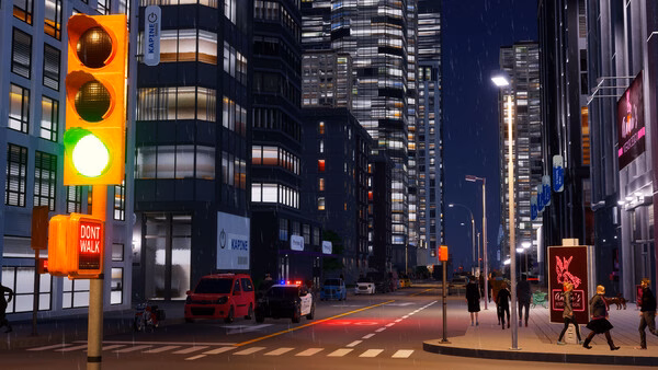 A Cities: Skylines II screenshot showing a rainy night cityscape with lit skyscrapers, traffic lights, and pedestrians.