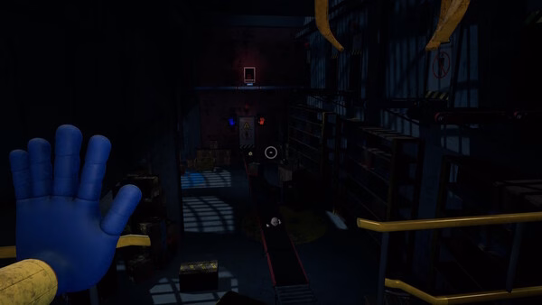 Screenshot from Poppy Playtime showing a blue glove in a dimly lit room with shelves, boxes, and a conveyor belt.