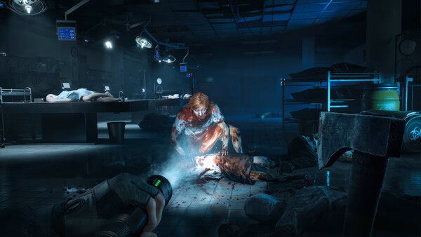 A "No More Room in Hell 2" screenshot showing a zombie in a dark morgue with a flashlight illuminating the scene.