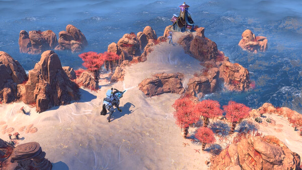 A screenshot from ENDLESS Legend 2 showing a soldier approaching a futuristic structure on a rocky, red-hued terrain.
