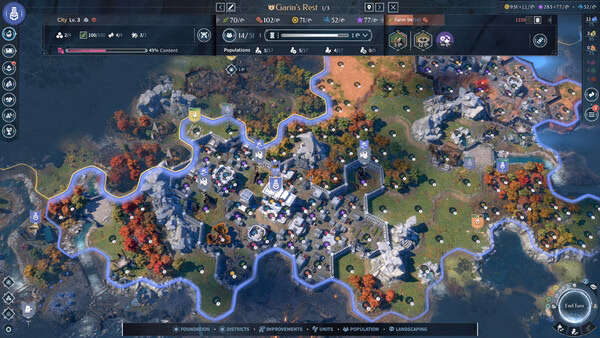 Screenshot from ENDLESS Legend 2 showing a detailed map with cities, colorful terrain, and resource icons in a strategy view.