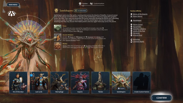 A screenshot from ENDLESS Legend 2 showing the faction selection screen, highlighting the Sandshapers and their details.