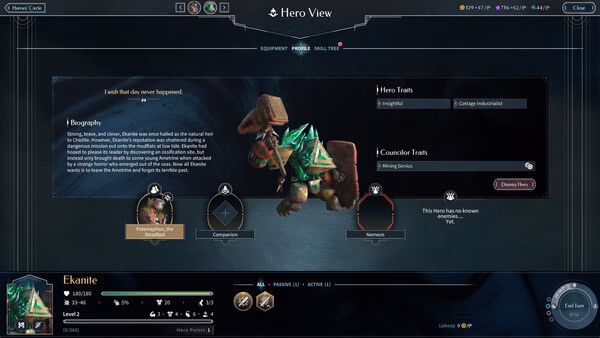 Screenshot from ENDLESS Legend 2 showing the Hero View screen with a detailed profile of the hero Ekanite and their traits.