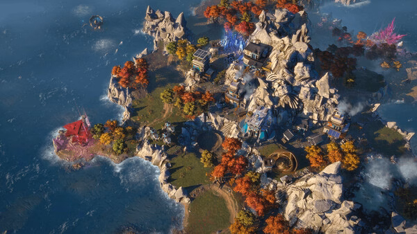 Screenshot from ENDLESS Legend 2 showing a detailed island landscape with rocky terrain, colorful forests, and futuristic structures.