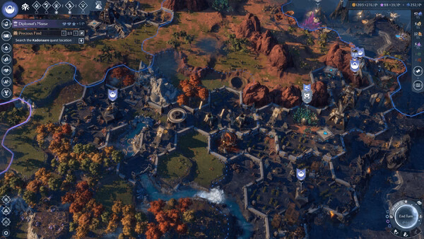 A screenshot from ENDLESS Legend 2 showing a detailed cityscape surrounded by vibrant terrain and quest markers.