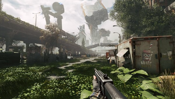A screenshot from Active Matter shows a player holding a shotgun in a lush, overgrown urban area with futuristic ruins.