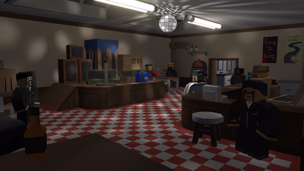 Screenshot from Unturned showing a dimly lit bar with blocky characters, checkered flooring, and a disco ball on the ceiling.