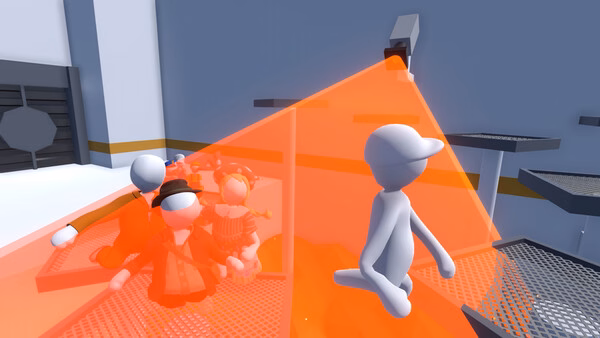 A screenshot from Human Fall Flat showing a group of wobbly characters illuminated by a red security laser in a futuristic room.