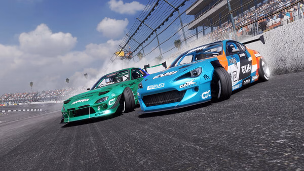 Screenshot from CarX Drift Racing Online showing two cars, a green and a blue one, drifting closely on a racetrack.