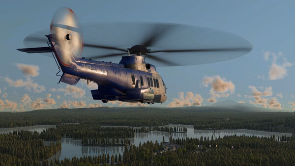 A Transport Fever 3 screenshot showing a helicopter flying over a lush forest landscape with rivers and scattered buildings.