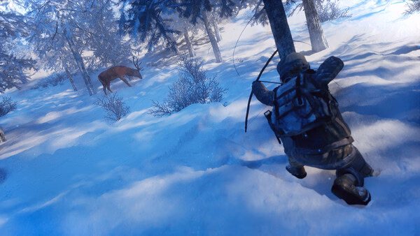 A screenshot from Permafrost showing a hunter crouched in snowy woods, aiming a bow at a deer near frost-covered trees.