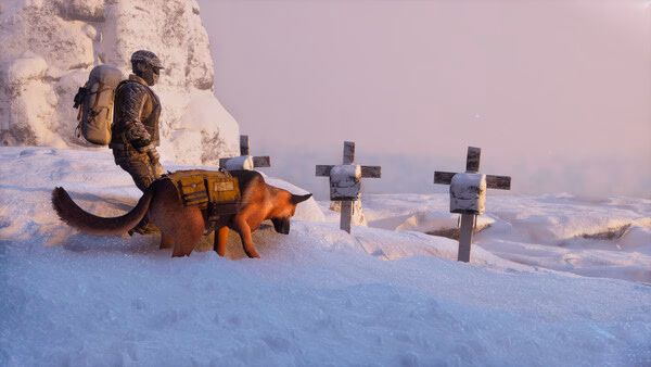 Screenshot from Permafrost showing a soldier and a dog with gear walking past snowy graves under a pink-hued sky.