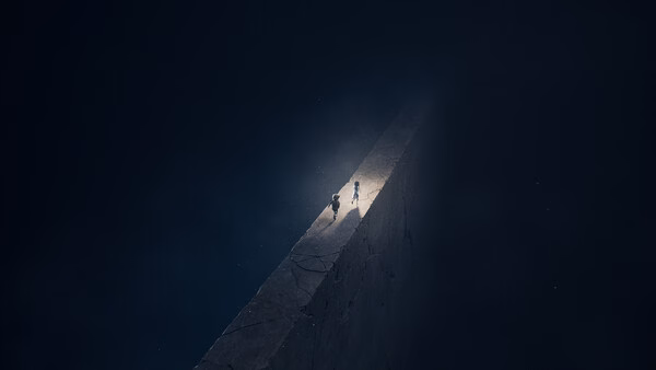 Two characters walk along a glowing edge in a dark, mysterious environment in this REANIMAL game screenshot.