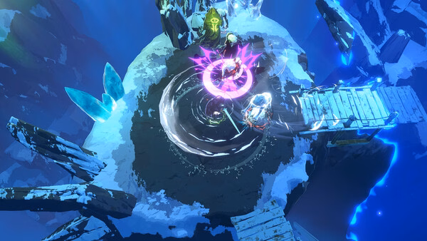 Screenshot from 'Shape of Dreams': Three glowing characters battle on a mystical, icy platform surrounded by floating rocks.