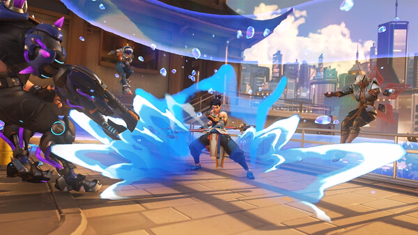 Overwatch® screenshot: Genji deflects an attack with his sword, surrounded by enemies in a futuristic cityscape.