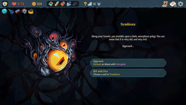 Screenshot from Slay the Spire 2 showing a player encountering a Symbiote with choices to "Approach" or "Kill with Fire".