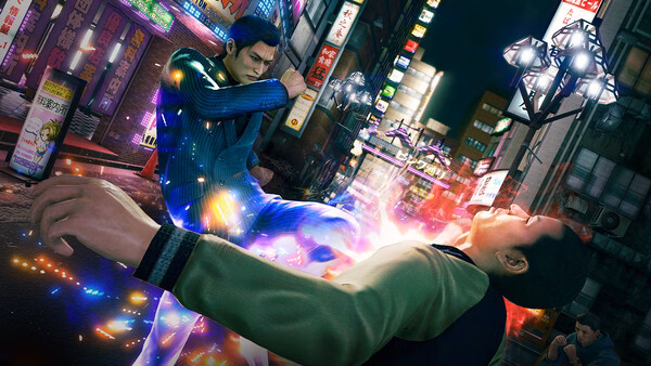 Screenshot from Yakuza Kiwami 3 & Dark Ties showing a dynamic street fight with glowing effects in a bustling city setting.