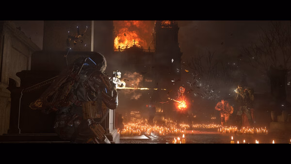 DEATH STRANDING 2: ON THE BEACH screenshot showing a character in combat amidst fiery explosions and glowing debris in a dark setting.