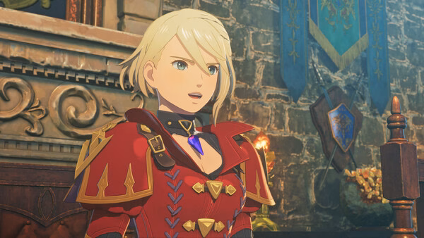 Screenshot from Monster Hunter Stories 3: Twisted Reflection showing a character in red armor standing in a stone-walled room.