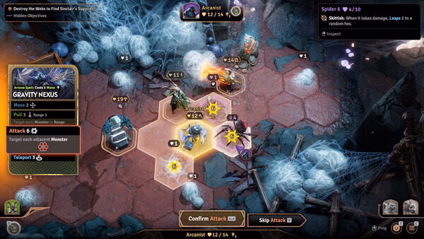 Screenshot of Sunderfolk game showing a strategic battle scene with monsters and character cards on a hexagonal grid.