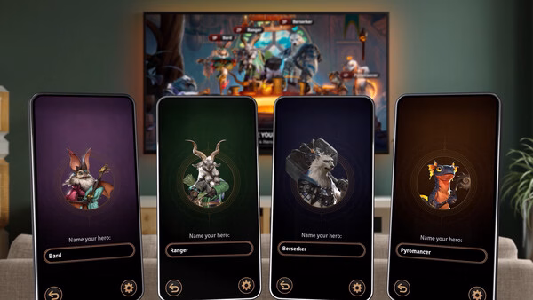 Sunderfolk screenshot: Four hero selection cards—Bard, Ranger, Berserker, Pyromancer—are displayed in front of a TV showing gameplay.