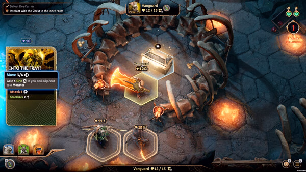 Sunderfolk screenshot: A hero stands near a glowing chest surrounded by bones, with stats displayed on the left panel.