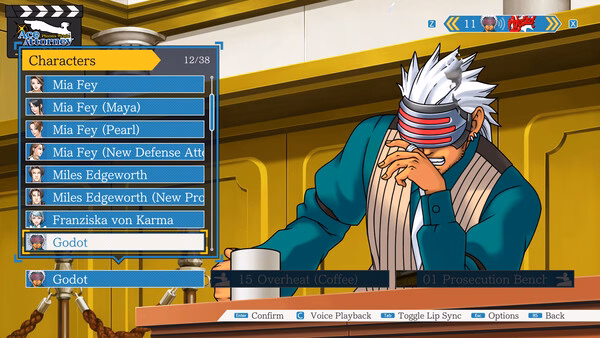 Screenshot from Phoenix Wright: Ace Attorney Trilogy showing character Godot with a visor, seated at the prosecution bench.