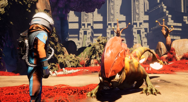 Screenshot from Journey To The Savage Planet showing a suited explorer facing a large alien creature in a vibrant, alien landscape.
