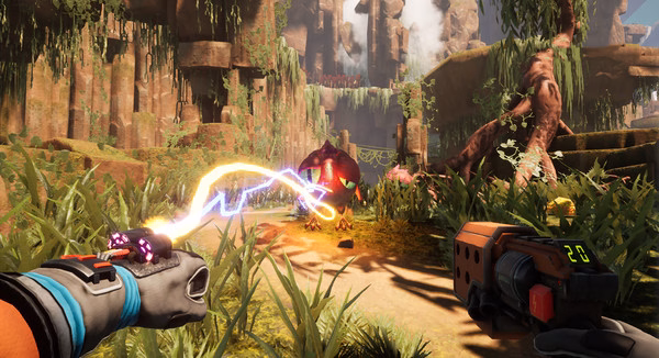 Screenshot from Journey To The Savage Planet shows a player using a gadget to attack a red alien creature in a lush, rocky landscape.