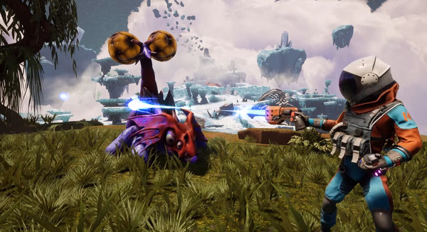 Screenshot from Journey To The Savage Planet: a player aims a weapon at a colorful alien creature in a lush, floating landscape.