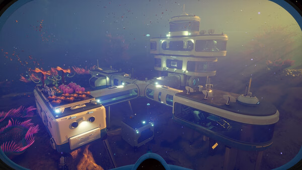 Subnautica 2 screenshot: An underwater base with glowing lights, coral decorations, and vibrant marine plants in a deep ocean environment.