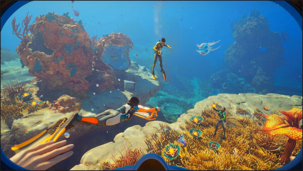 Subnautica 2 screenshot: Divers explore vibrant coral reefs and colorful marine life underwater, surrounded by rocks and sea plants.