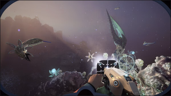 Subnautica 2 screenshot: Player explores alien underwater landscape with glowing flora and swimming marine creatures.
