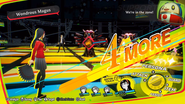 Persona 4 Revival screenshot: A character battles Wondrous Magus on a vibrant stage with game stats and options displayed.