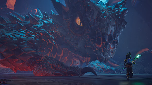 Screenshot from Grounded 2 showing a player facing a giant, detailed dragon in a dark, mystical setting.