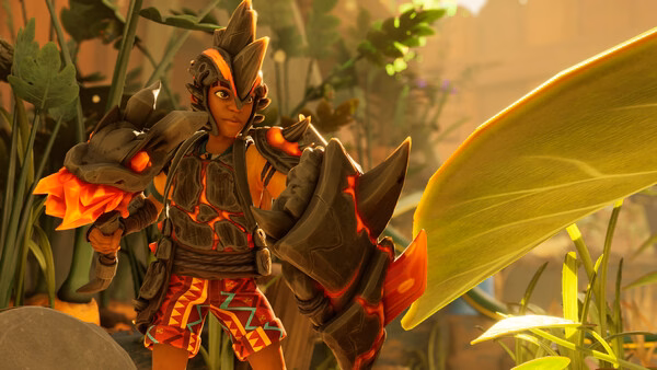 A screenshot from Grounded 2 showing a character in fiery armor wielding a glowing weapon amidst lush, oversized foliage.