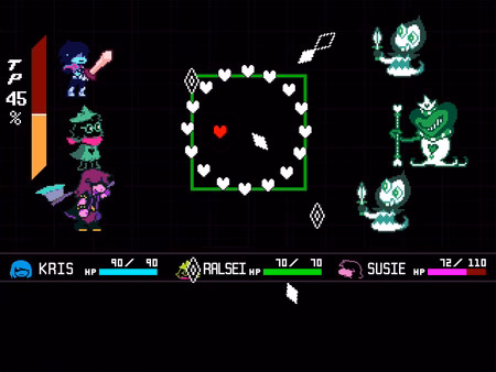 DELTARUNE screenshot: Kris, Ralsei, and Susie face enemies in a turn-based battle with a heart dodging attacks in the center.