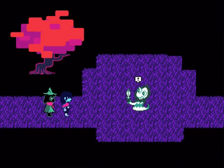 DELTARUNE screenshot: Two characters approach a glowing figure holding a flame, set against a purple patterned ground and red tree.