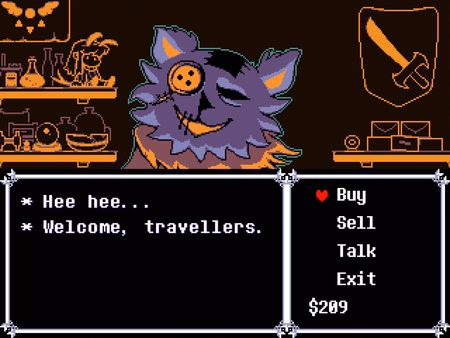 DELTARUNE screenshot: A purple shopkeeper with a button eye greets players in a shop menu with options to buy, sell, talk, or exit.