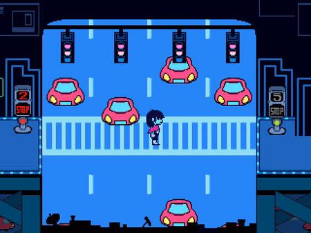 A screenshot from DELTARUNE showing a character crossing a road with red cars stopped at traffic signals in a blue-toned scene.